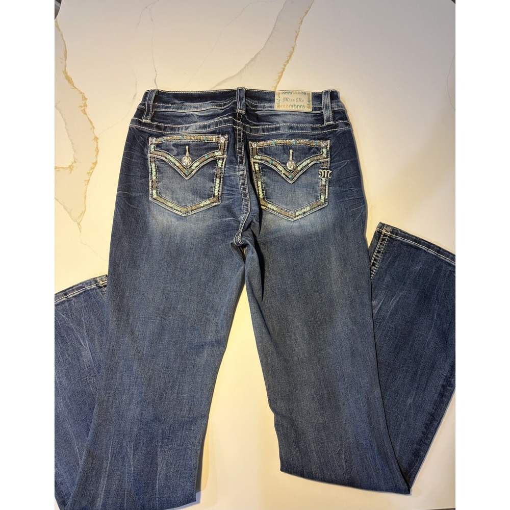 Miss Me Mid-Rise Boot Cut Jeans Women Size 29 Blue Embellished Flap Pocket